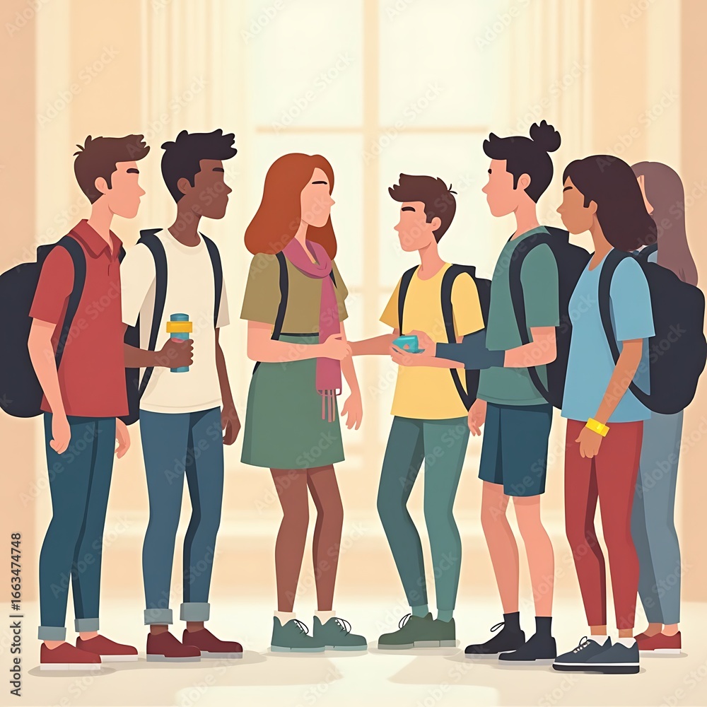 Obraz premium Group of Students Standing Together Talking in School Hallway