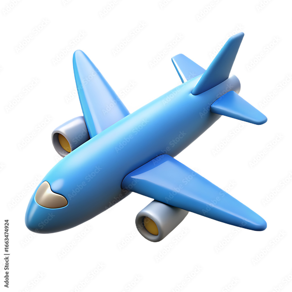 Naklejka premium A bright blue stylized airplane with yellow accents on its windows and engines captured against a stark black background conveying a sense of modern travel