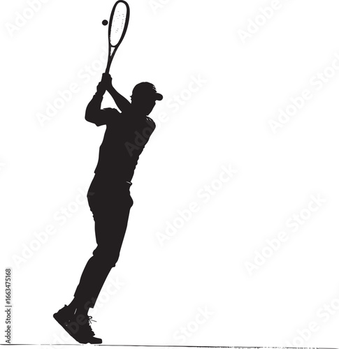 A player hitting an approach shot from the baseline, preparing to move to the net, full-length silhouette vector.
