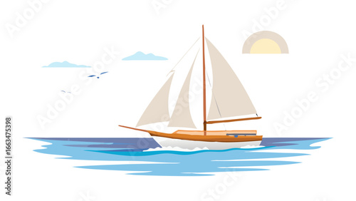 A sailboat sailing on the sea with a clear sky and sun, perfect for summer vacation and travel themes