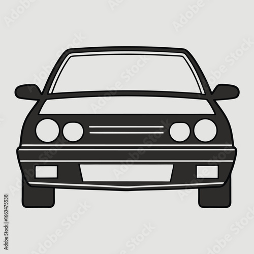 Front view of a black car with headlights on a gray background transportation design