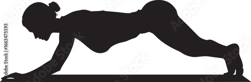 Plank Pose Silhouette A person in a push-up position, with the body in a straight line from head to heels, supported by hands and toes. full length silhouette black vector illustration