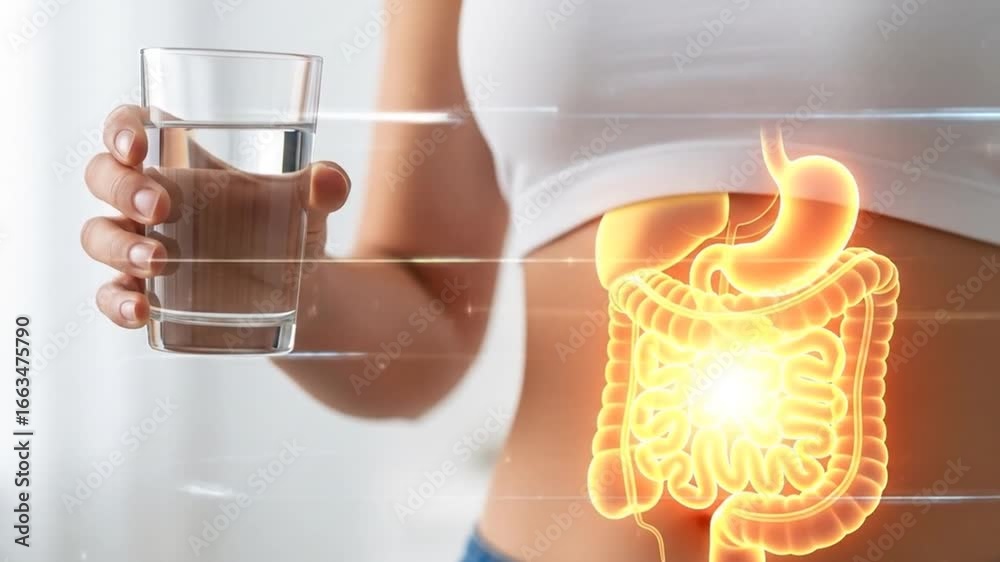 Woman holding glass of water with digestive system illustration, emphasizing gut health.