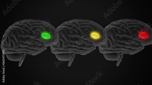 Three stylized human brains with distinct cortical regions highlighted in green, yellow, and red, against a dark background, representing neural activity or brain mapping.