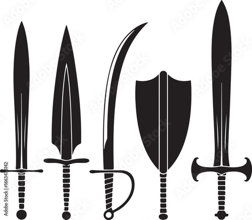 Black swords and shield collection weapon medieval