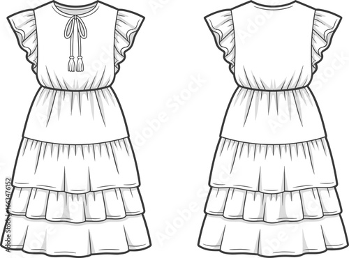 Cad drawing flat vector illustration of layered dress, ruffled sleeves, tiered skirt, elastic waist, tassel tie, feminine style, summer wear, elegant casual fashion design.