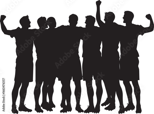 Team Huddle Silhouette A group of players gathered in a circle, discussing strategy or celebrating a victory. full length silhouette black vector illustration