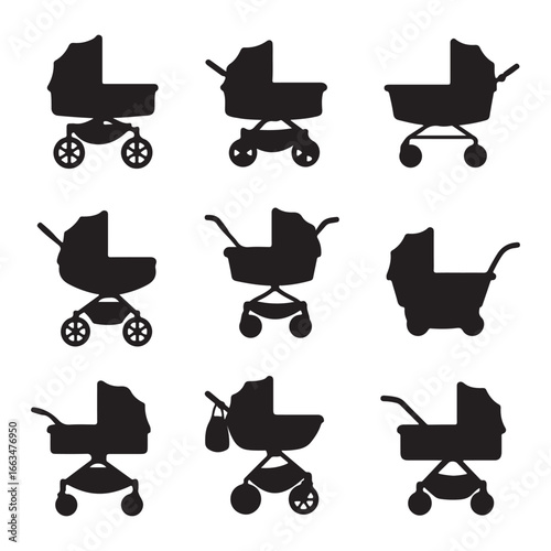 Nine black silhouette icons of baby strollers and prams on a white background baby stroller icon pram icon