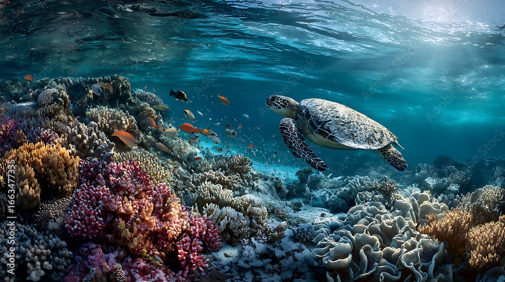 Fototapeta premium A Coral Reef Half Colorful And Alive With Tropical Fish, Half Bleached White And Dead With Floating Plastic, A Lonely Sea Turtle Caught Between Both Sid
