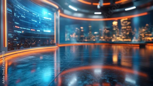 Futuristic news studio with glowing interface and cityscape