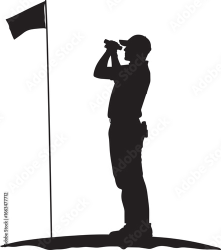 A golfer using a rangefinder to check the distance to the flag or course layout.