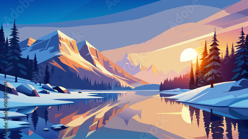 Sunrise in winter mountains. Mountain reflected in ice lake in morning sunlight. Amazing panoramic nature landscape in mountain valley.
