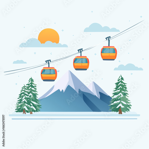 Winter Cable Car Scene In Snowy Mountains
