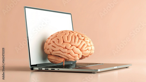 Brain emerging from a laptop screen representing artificial intelligence cognitive computing and the future of technology and knowledge processing in the digital age
