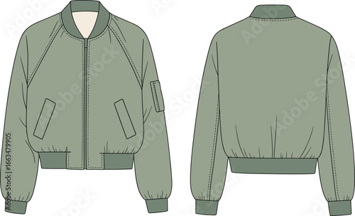 Bomber jacket fashion flat, front and back view, green outerwear with ribbed cuffs and hem, technical sketch, casual apparel design, vector template