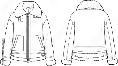 Shearling-lined winter jacket fashion flat, front and back view, zip-up outerwear, technical sketch, warm coat design, vector apparel template