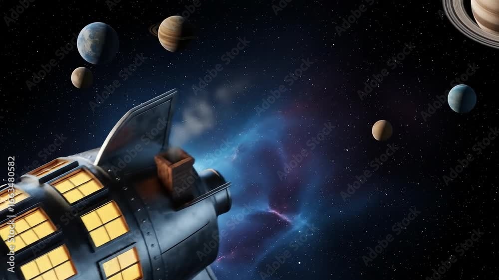 Steampunk style metal spaceship traveling through outer space with planets and nebula background.