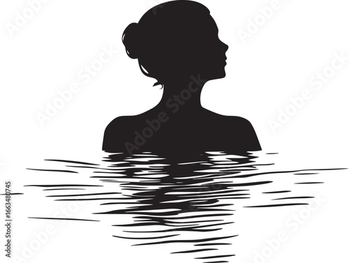 A senior woman swimming or gently treading water, depicted in a full-length black silhouette.