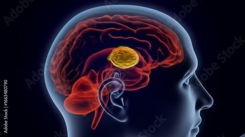 3D rendering of a human head showing the brain in red with a highlighted yellow area, possibly a tumor or specific structure, within the skull.