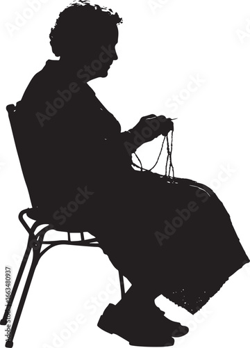 A senior woman seated, hands working with knitting needles or yarn, depicted in a full-length black silhouette