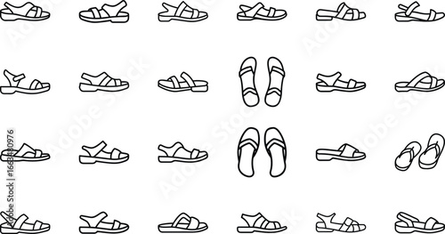 Collection of black outline sandal and flip flop icons on white