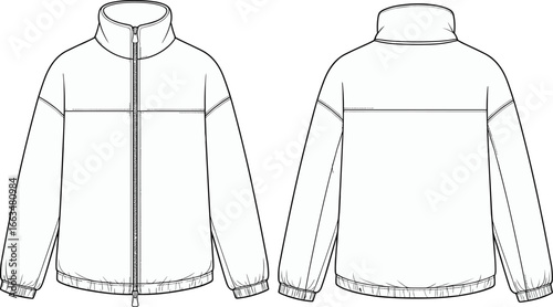 Zip-up track jacket fashion flat, front and back view, high collar, casual outerwear, technical sketch, sporty apparel design, vector template