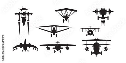 A collection of various black silhouette airplane designs on a white background in a vector format