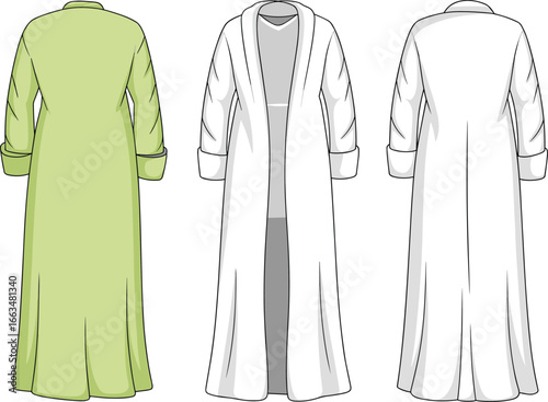 CAD drawing flat vector illustration of long robe designs, stylish garment layout, front and back views, fashion sketch, sleeve detailCAD 