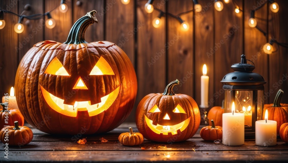 Obraz premium A Festive Display of Carved Pumpkins Illuminated by Soft Candlelight, Perfect for Celebrating the Halloween Spirit in a Warm Autumn Setting