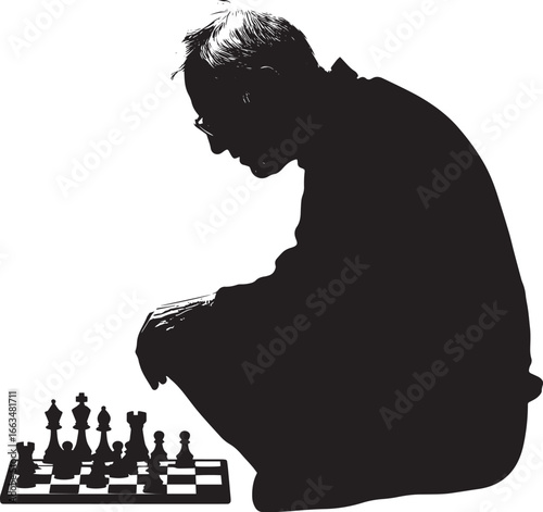 A senior man seated, focused on a chessboard, depicted in a full-length black silhouette.