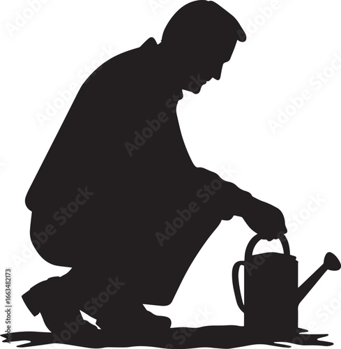 A senior man kneeling, holding a trowel or watering can, depicted in a full-length black silhouette.