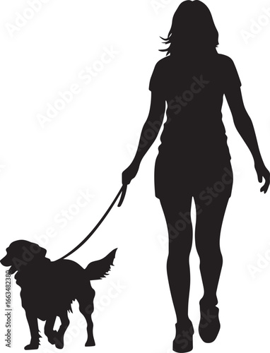 A woman holding a leash, with a dog trotting beside her, captured in a full-length silhouette.