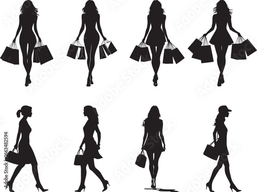 A woman carrying multiple bags in each hand, depicted in a full-length black silhouette.