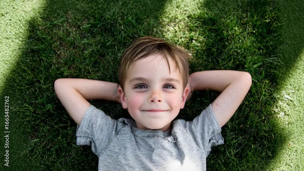 Resting Child in Sunlight: Captivating capture of a relaxed child lying peacefully on green grass, enjoying the warmth of sunlight, with a gentle smile Resting Child in Sunlight: Captivating capture of a relaxed child lying peacefully on green grass, enjoying the warmth of sunlight, with a gentle smile