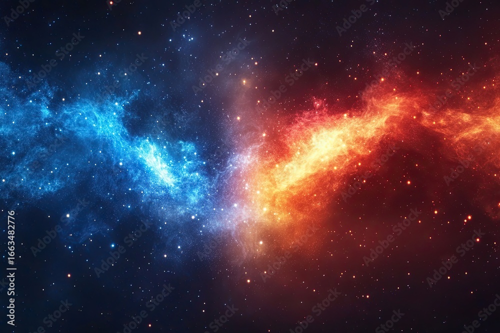 Naklejka premium Space background with two bright flames of blue and red colors.