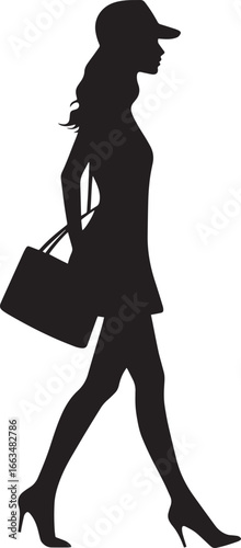 A woman carrying a handbag, walking with elegance, portrayed in a full-length black silhouette.