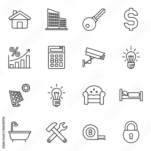 Line art icons representing real estate finance security and home improvement on a white background
