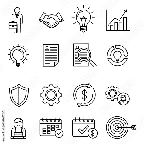 Collection of business related icons including lightbulbs graphs and financial symbols in a vector format