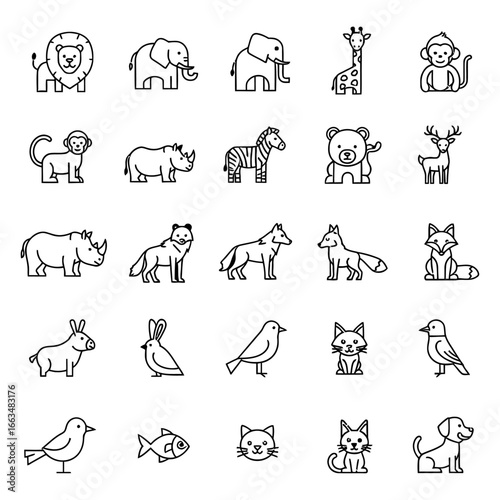 A collection of twenty four different animals represented in a simple line drawing style on white