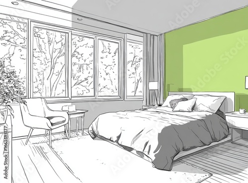 Interior bedroom design sketch, light green wall