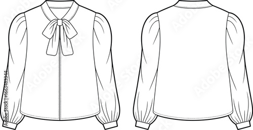CAD drawing flat vector illustration of long sleeves blouse women design CAD font and back view