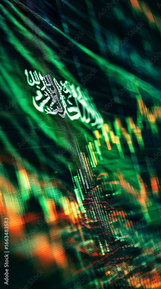 Obraz premium Saudi Flag in Digital Financial Data Visualization