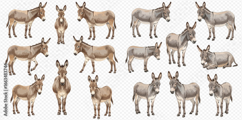 A collection of brown and grey donkey illustrations in various poses, including standing, walking, and lying down.