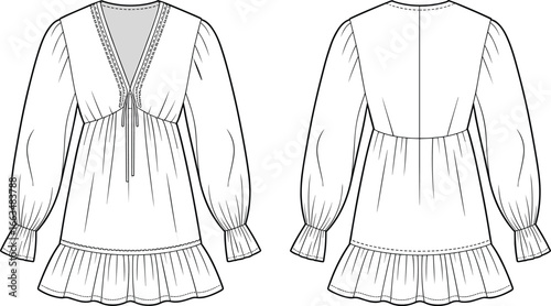 CAD drawing flat vector illustration of long sleeve blouse, ruffle hem, scoop neckline, stylish garment layout, fashion sketch design viewsCAD drawing flat 