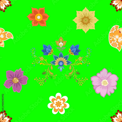 Colorful floral pattern on a bright green background, ideal for fabric, wallpaper, or decorative projects