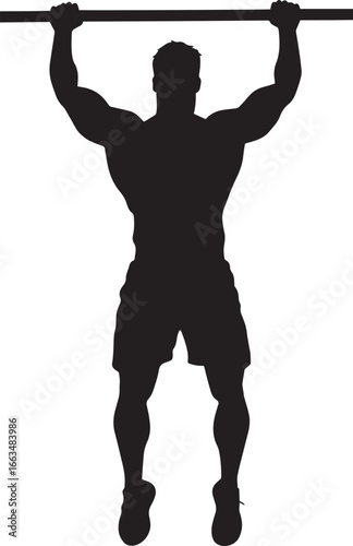 Man Performing a Pull-Up Silhouette Full-length silhouette of a person gripping a bar and pulling himself up.