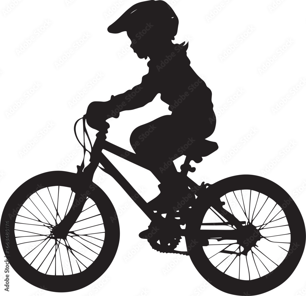 Obraz premium Child on a Bike Silhouette Full-length silhouette of a kid actively riding a bicycle, legs pushing the pedals.