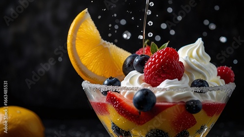 Colorful Fruit Dessert in Martini Glass with Whipped Cream V4