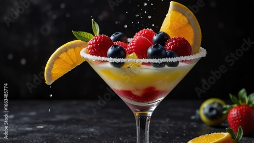 Colorful Fruit Dessert in Martini Glass with Whipped Cream V6