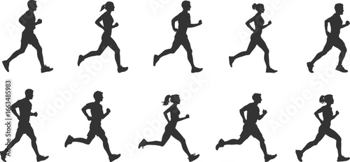 Set silhouettes of runner isolated on transparent background. Side view. Vector illustrations